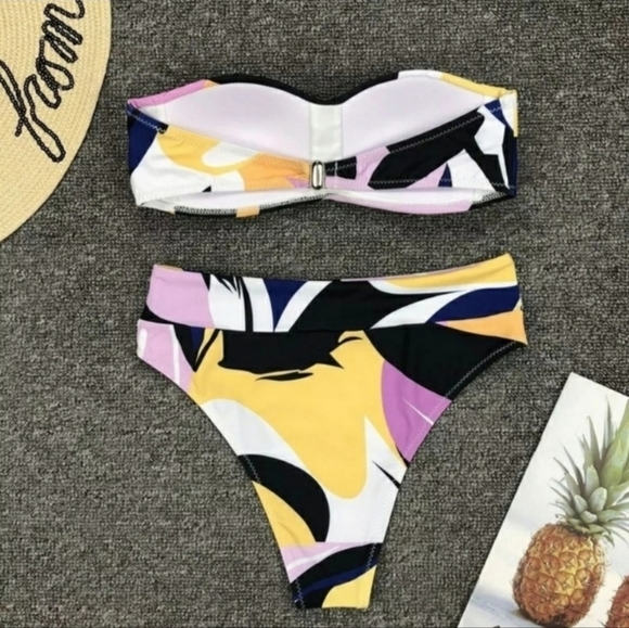 New Black Colorful Bandeau Top High Waist Bikini Set Swimsuit Size S - Picture 5 of 7